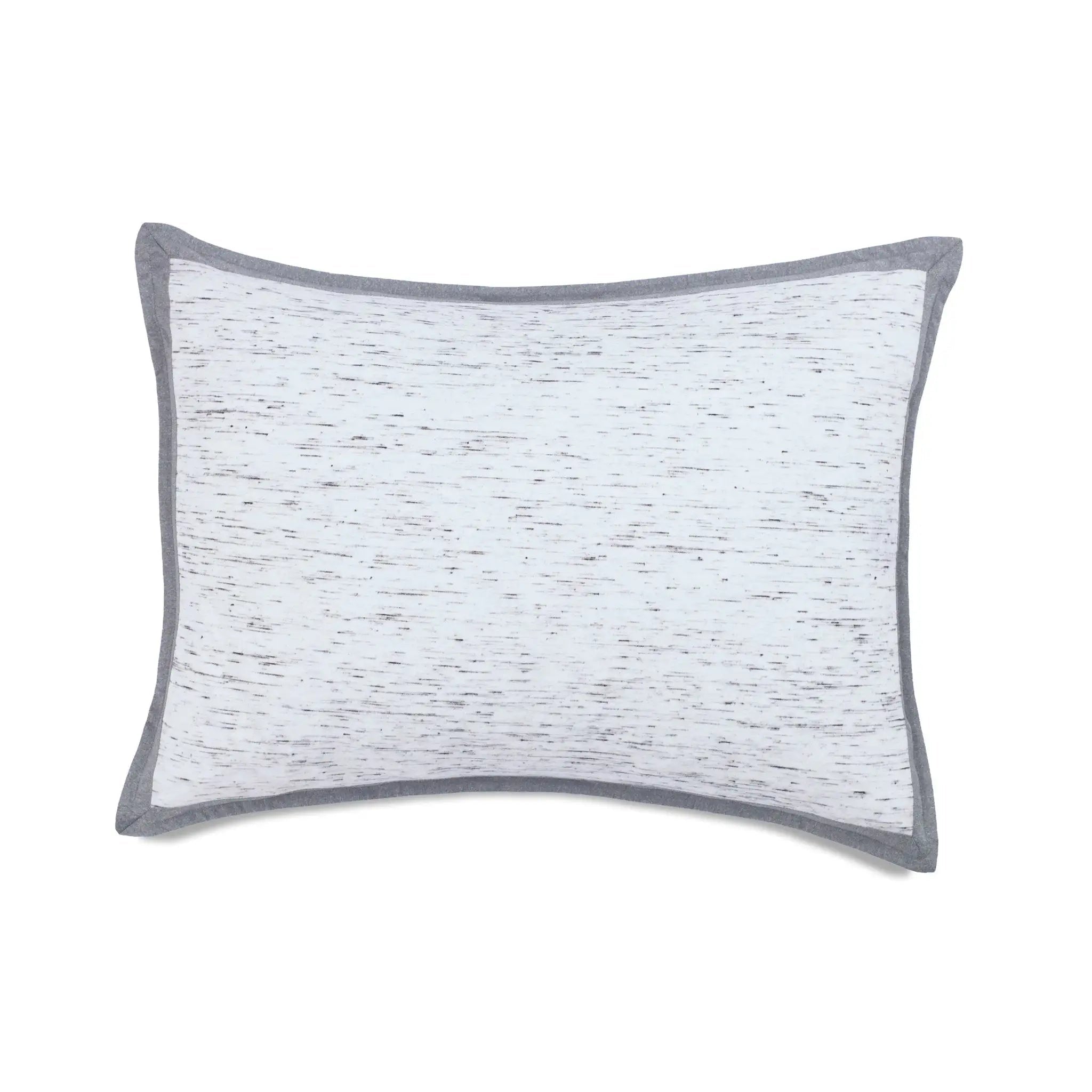 A rectangular pillow sham featuring a white and light gray marled textured center with a solid gray piped border, shown against a plain white background.