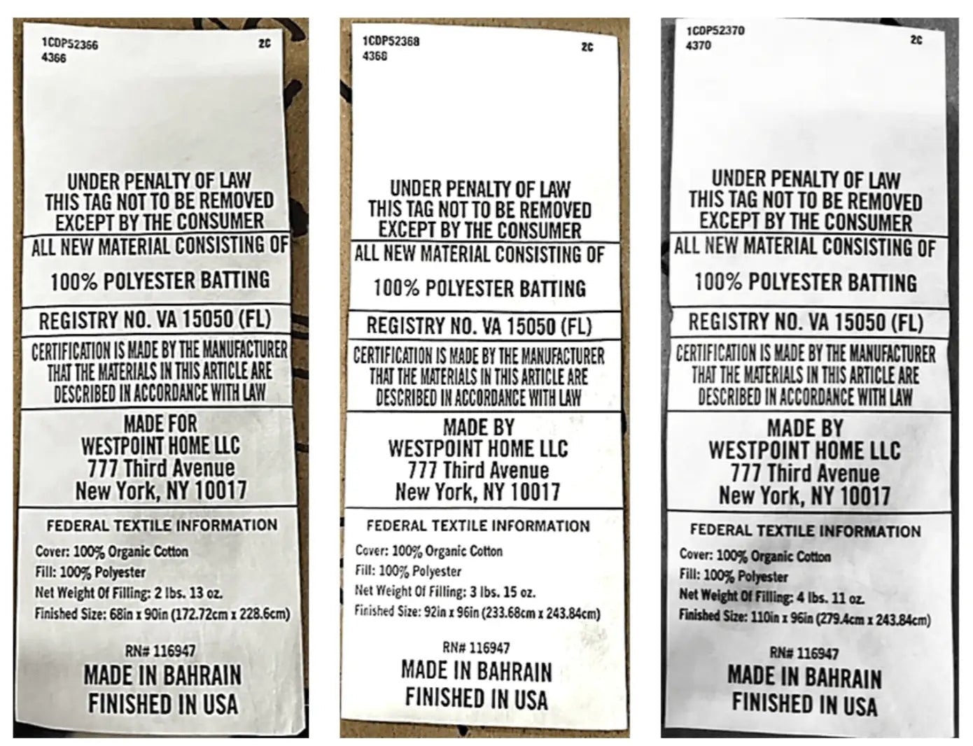 Three close-up views of the back of a polyester bath towel, showing printed text including 'UNDER PENALTY OF LAW', 'Made by Westpoint Home LLC', 'Made in Bahrain Finished in USA', and 'Federal Textile Information'.