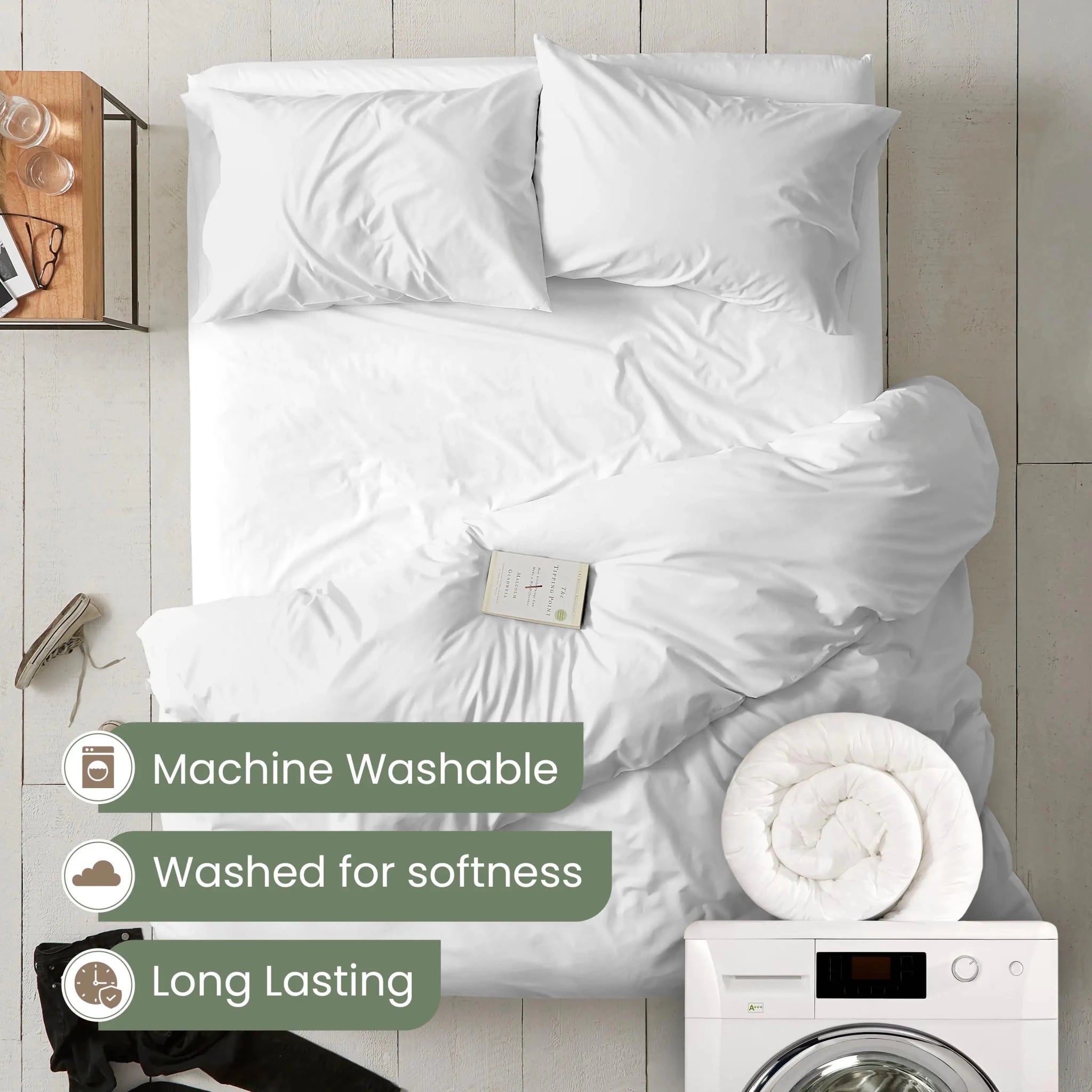 White bedding set on a bed. Text overlays mention machine washability, softness after washing, and longevity.