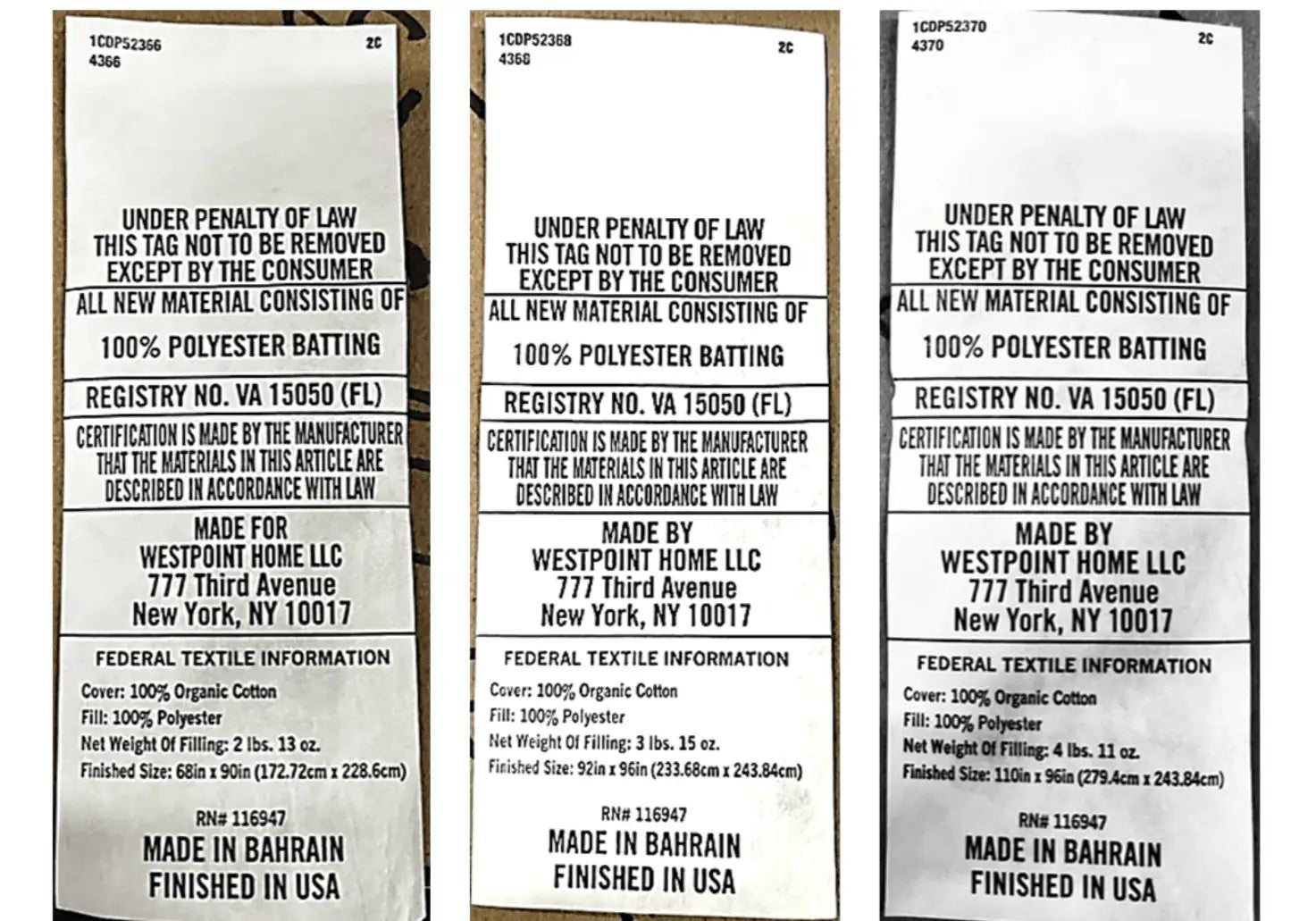 Three identical labels with text and branding on a white background