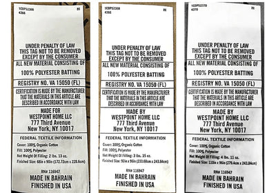 Three identical labels with text and branding on a white background