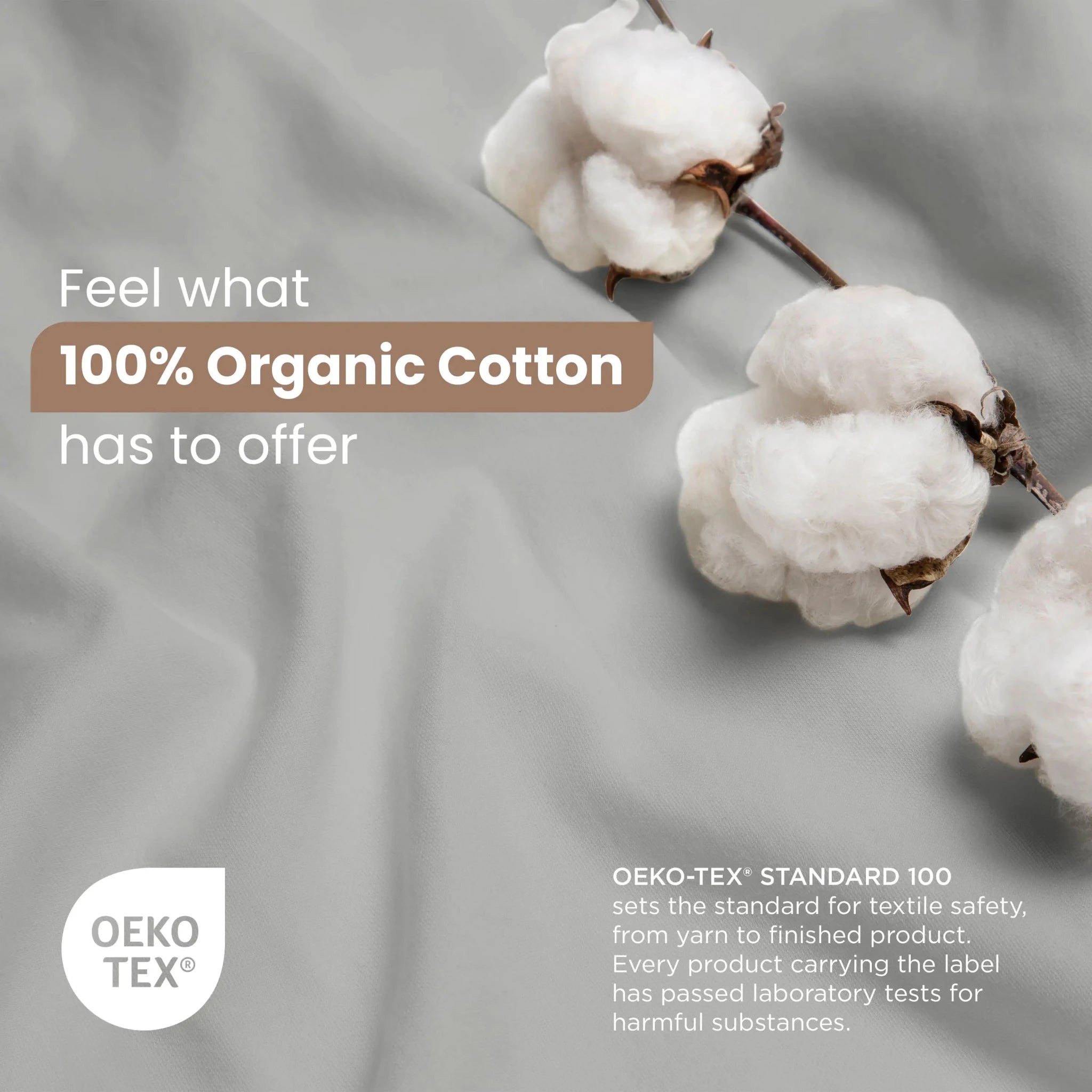 Cotton bolls with '100% Organic Cotton' text and OEKO-TEX logo on a gray comforter background