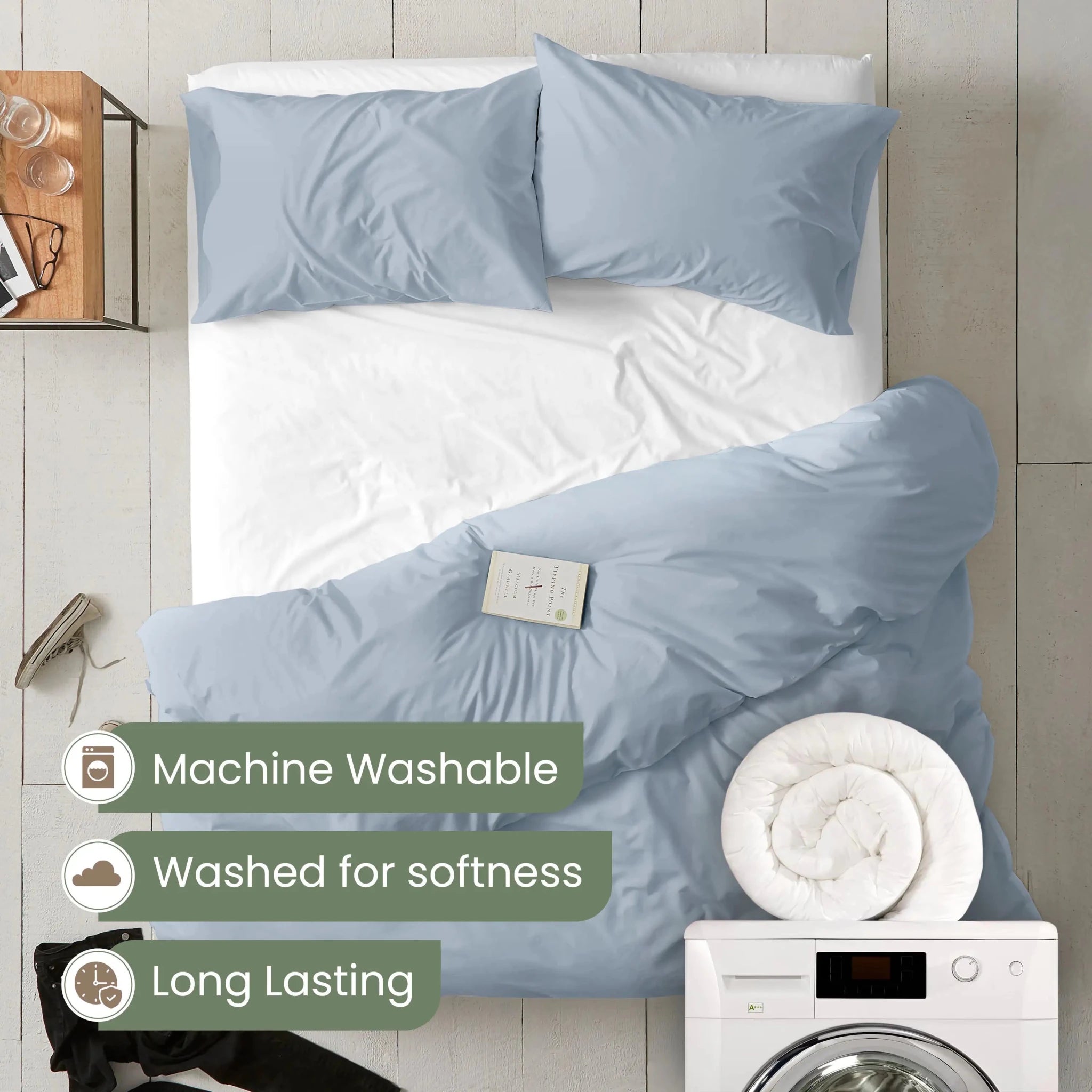 Light blue bedding set on a bed. Text overlays mention machine washability, softness after washing, and longevity.