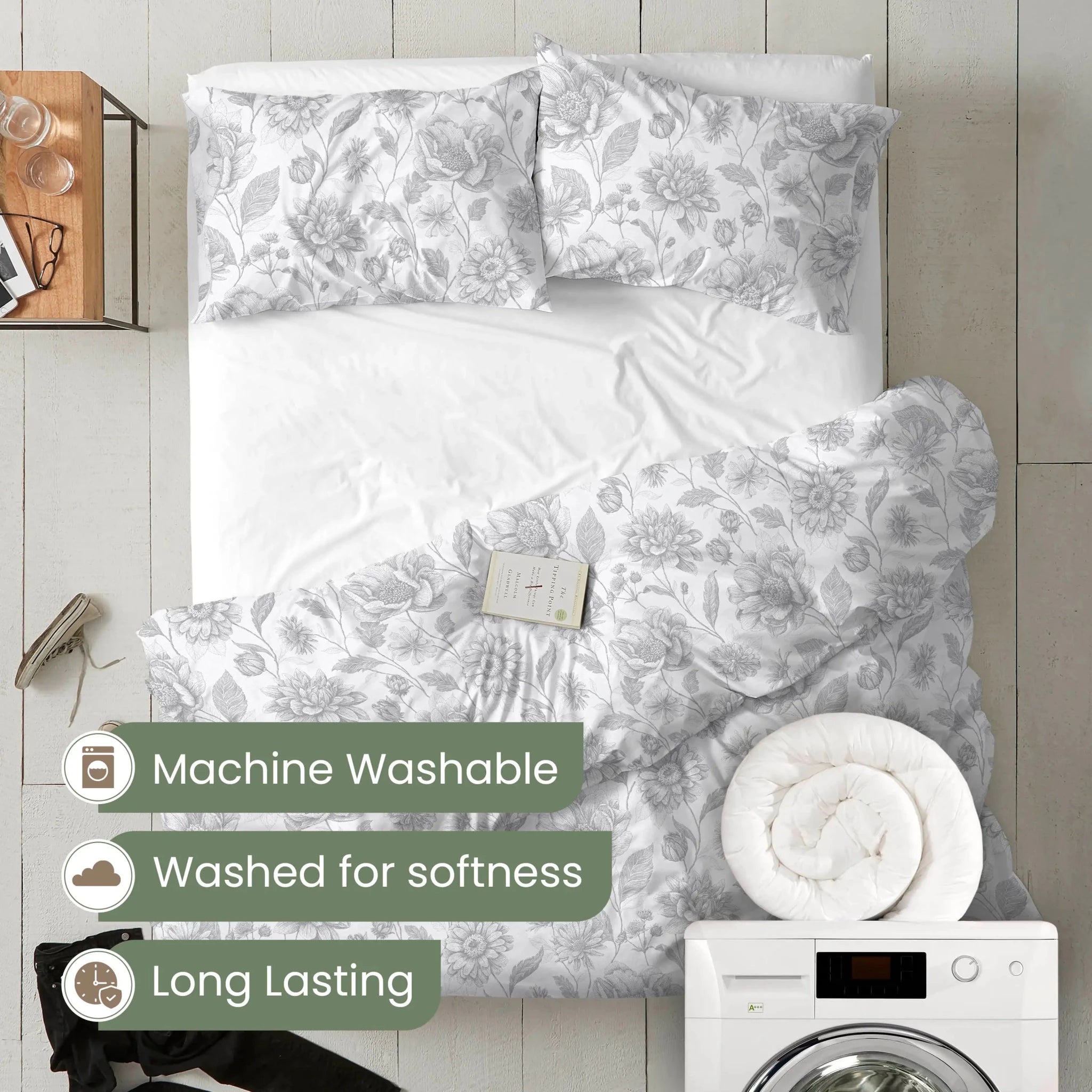 White striped bedding set with floral pillowcases styled on a bed in a bedroom scene. Text overlays mention machine washability, softness after washing, and longevity.