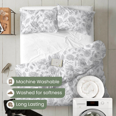 White striped bedding set with floral pillowcases styled on a bed in a bedroom scene. Text overlays mention machine washability, softness after washing, and longevity.