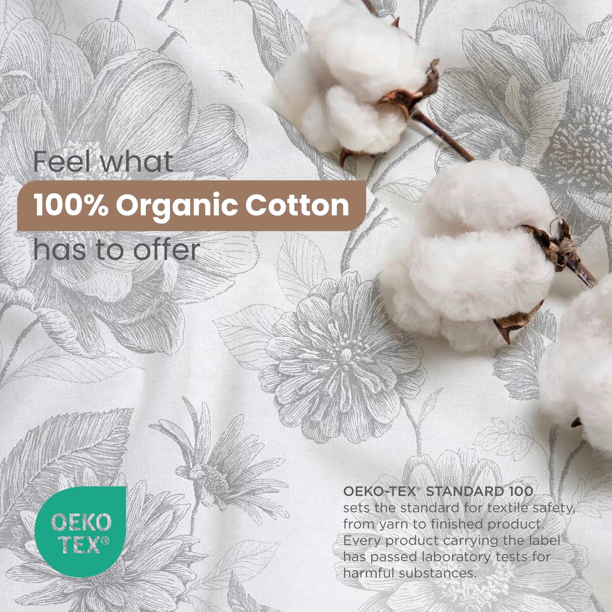 Organic cotton fabric with a gray floral botanical pattern, decorated with fresh white cotton bolls. Features text overlays highlighting '100% Organic Cotton' and a green 'OEKO-TEX' certification badge.