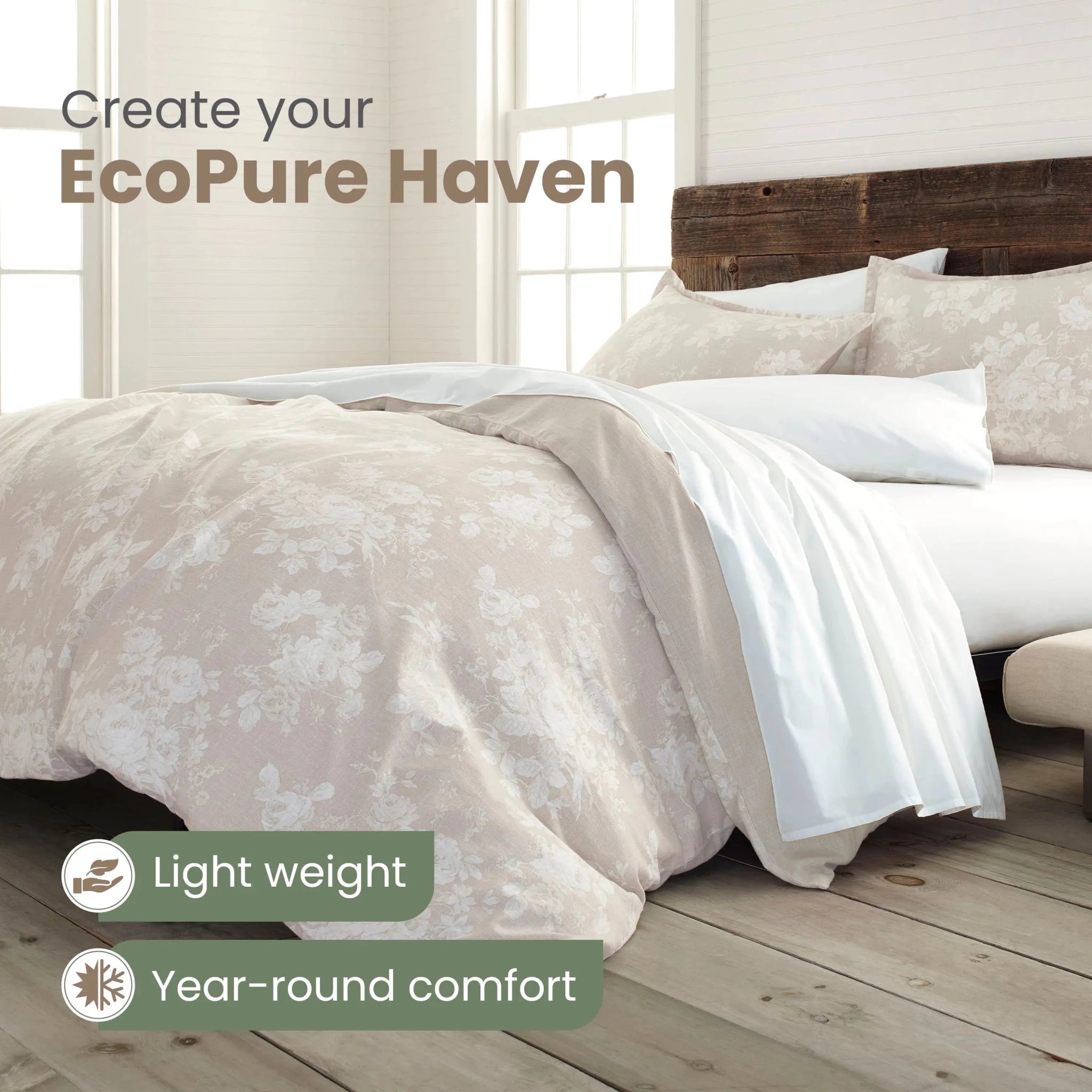 Bed with floral bedding and text promoting EcoPure Haven, featuring light weight and year-round comfort.