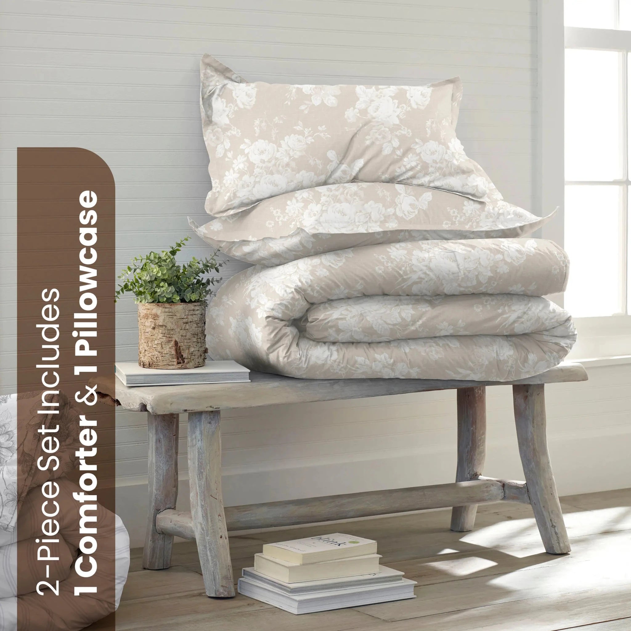 A two-piece bedding set featuring a light beige and white floral-patterned comforter and matching pillowcase.