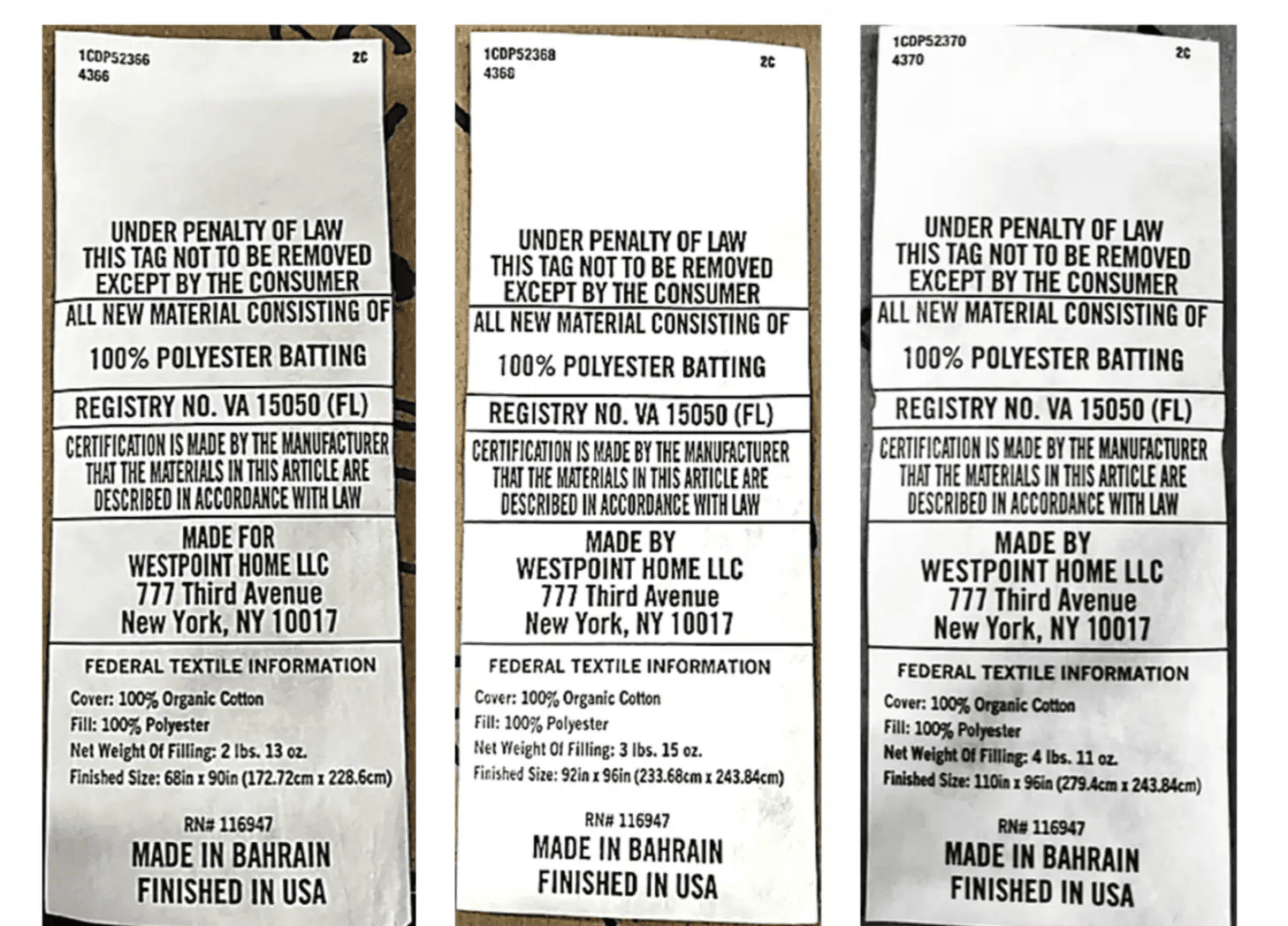 Three identical labels with text and branding information.