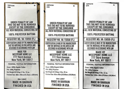 Three identical labels with text and branding information.