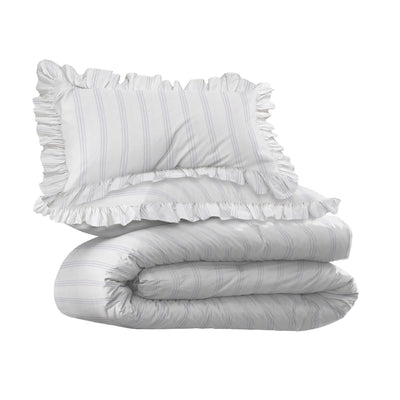 White striped bedding set with ruffled pillowcases on a white background