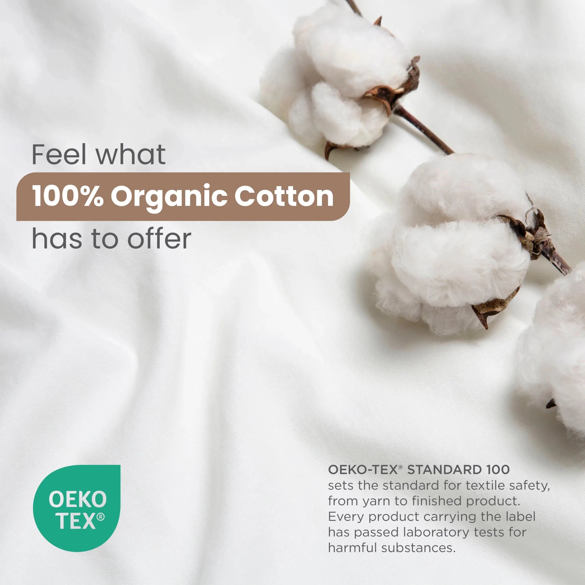 100% Organic Cotton with OEKO-TEX certification on a white background