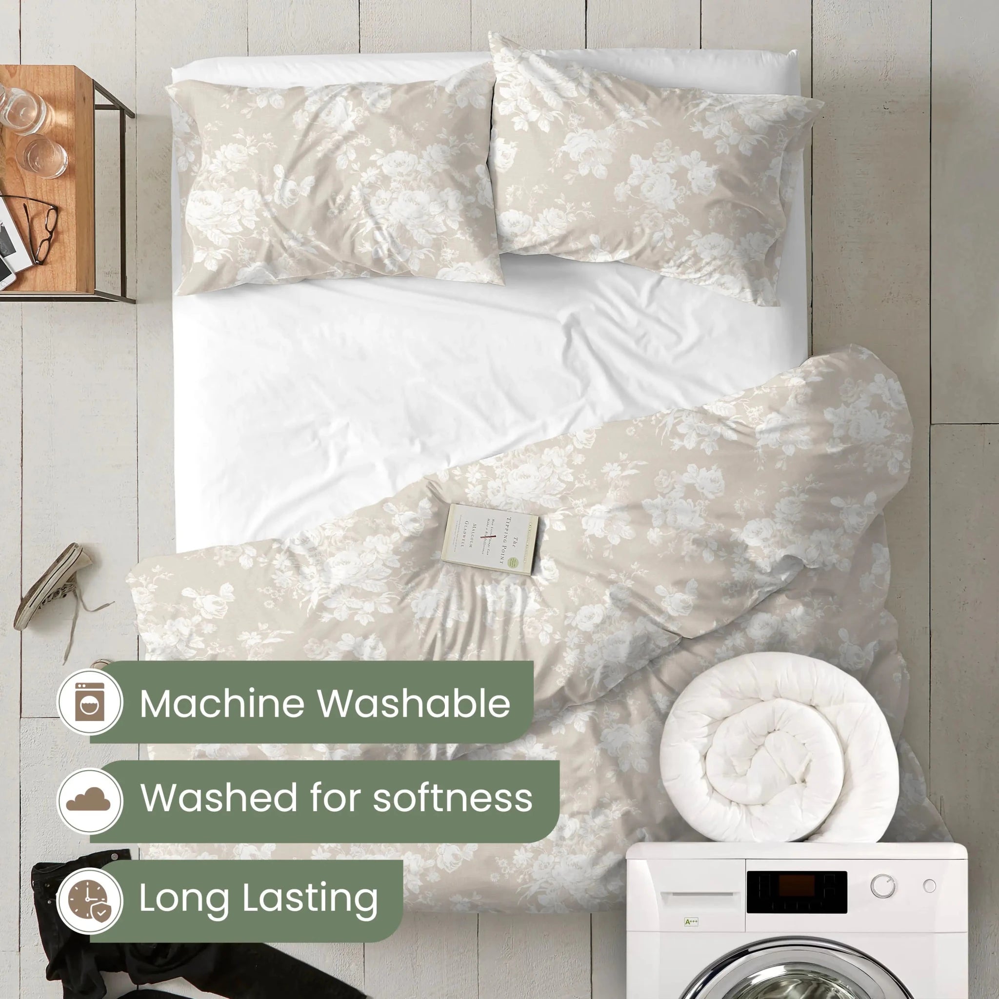 Floral bedding set on a bed with washing machine and dryer in the background