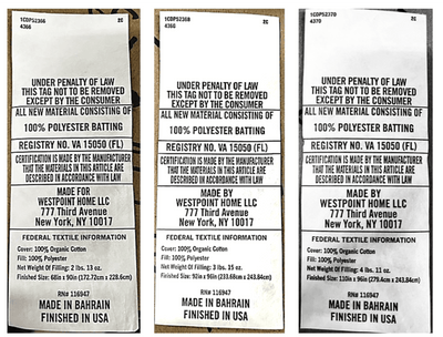 Three identical labels with text and branding information on a white background