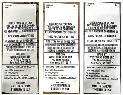 Three identical labels with text and branding information on a white background