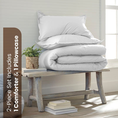 Soft White comforter set on a wooden bench in a bright room with a text of product components.