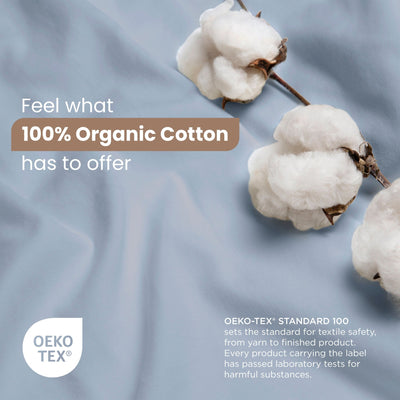 100% Organic Cotton with OEKO-TEX certification on a soft blue background