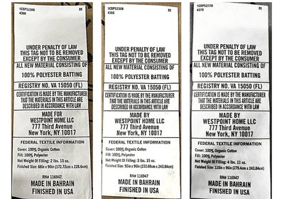 Three identical labels with text and branding on a white background