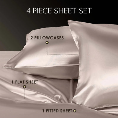 Three-piece sheet set with pillowcase, flat sheet, and fitted sheet on a dark background.