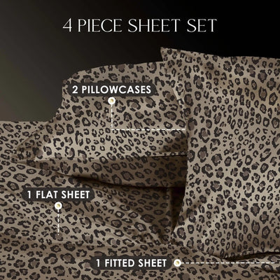 A 4-piece sheet set with a leopard print pattern, including 2 pillowcases and 1 flat sheet and 1 fitted sheet, shown against a dark background with text labels.