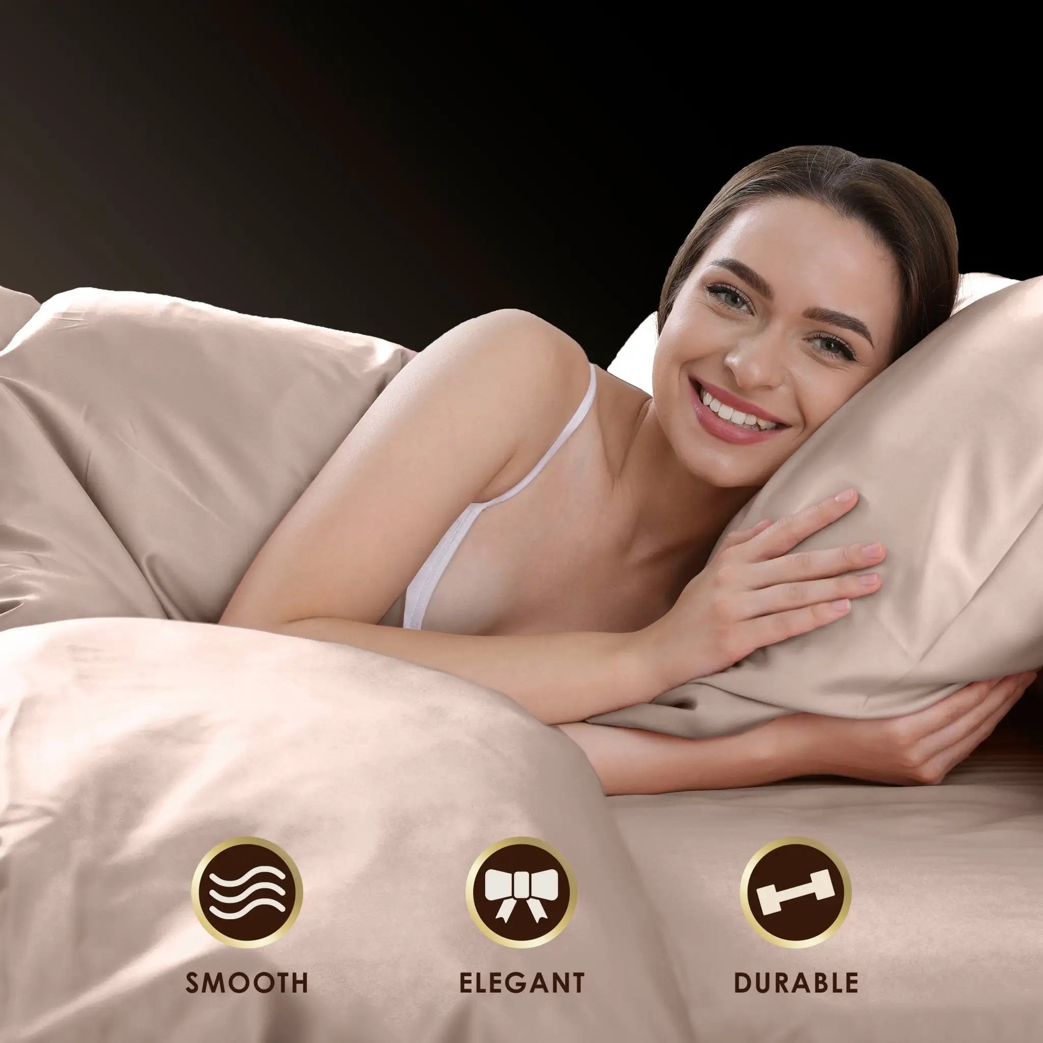 Woman lying on a bed with a comforter, surrounded by product features icons labeled 'Smooth', 'Elegant', and 'Durable'.