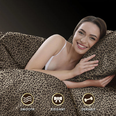 A woman reclining on a leopard-print sheets, with three circular feature icons at the bottom reading SMOOTH, ELEGANT, and DURABLE. The product fills most of the frame, and the background is a solid dark studio backdrop.