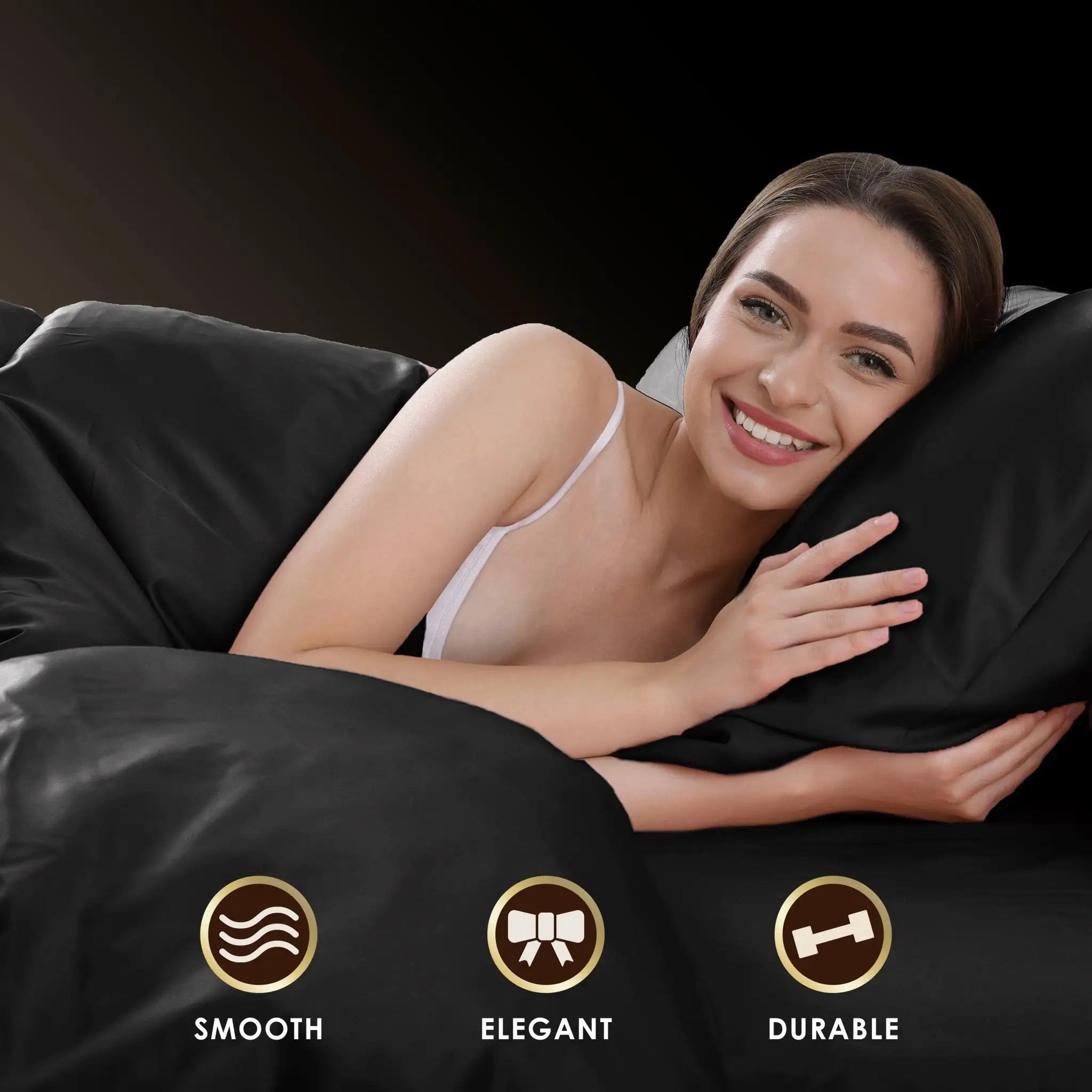 Woman lying on a black massage chair with features labeled 'Smooth', 'Elegant', and 'Durable'.