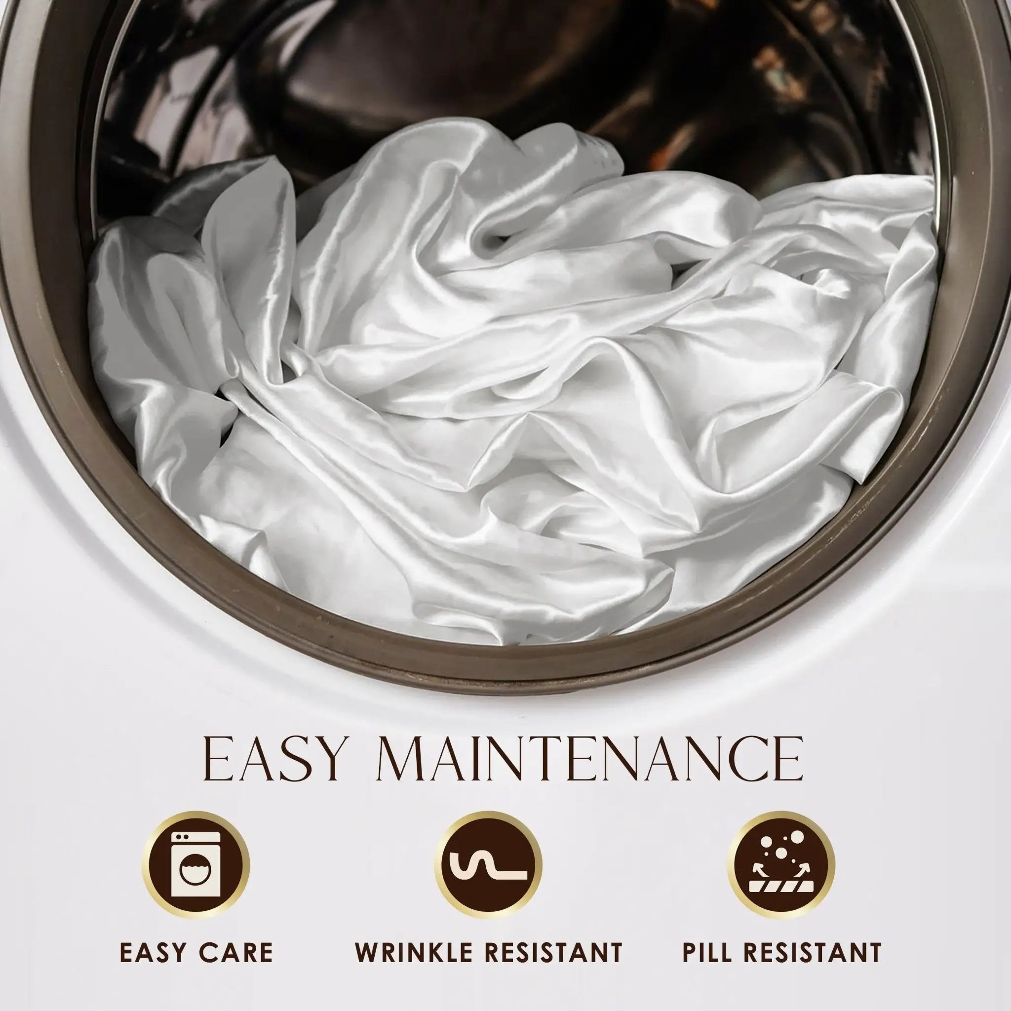 White sheets in a washing machine with 'Easy Maintenance' features listed below.
