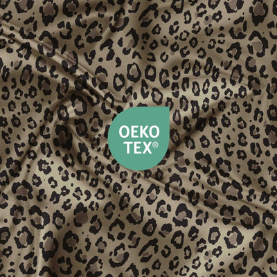 Leopard print fabric with Oeko-Tex logo in the center