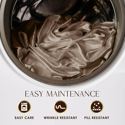 Gold fabric inside a washing machine with 'Easy Maintenance' features listed below.