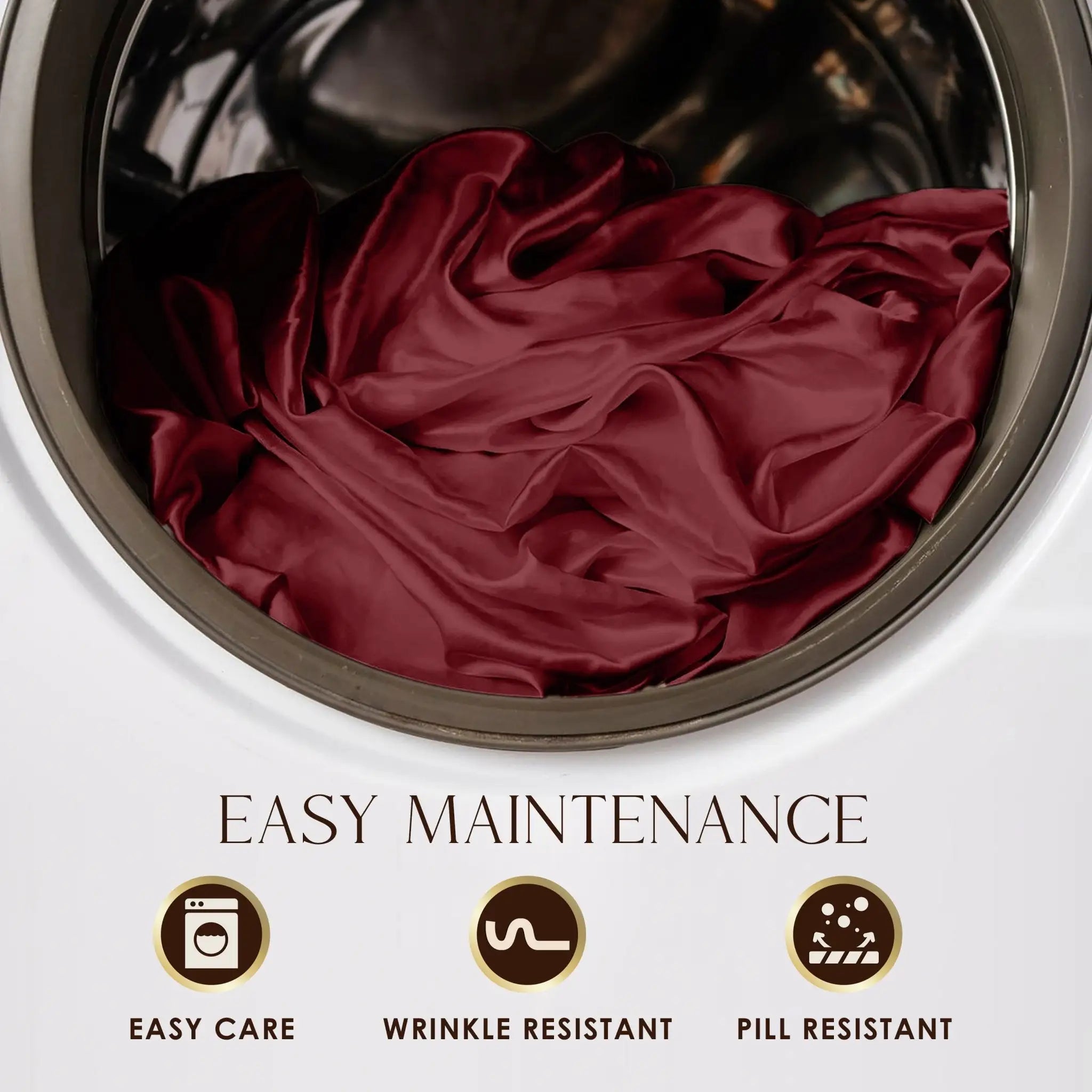 Red fabric in a washing machine with 'Easy Maintenance' features listed below.