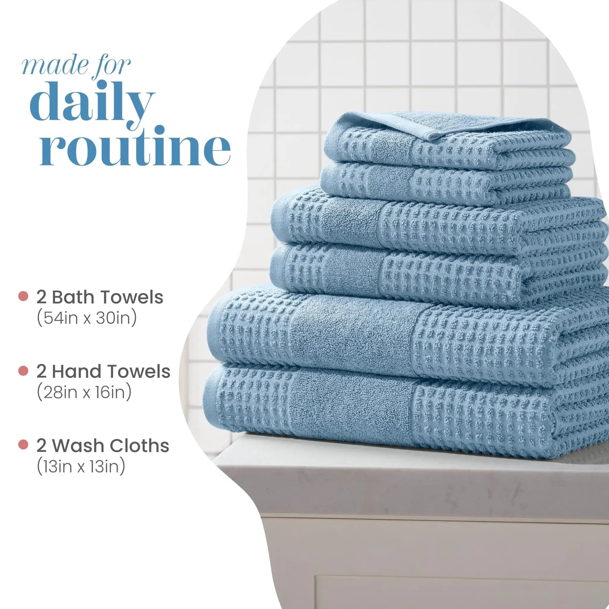 A set of light blue towels displayed on a bathroom counter, with text on the left reading 'made for daily routine' and listing towel and cloth sizes.