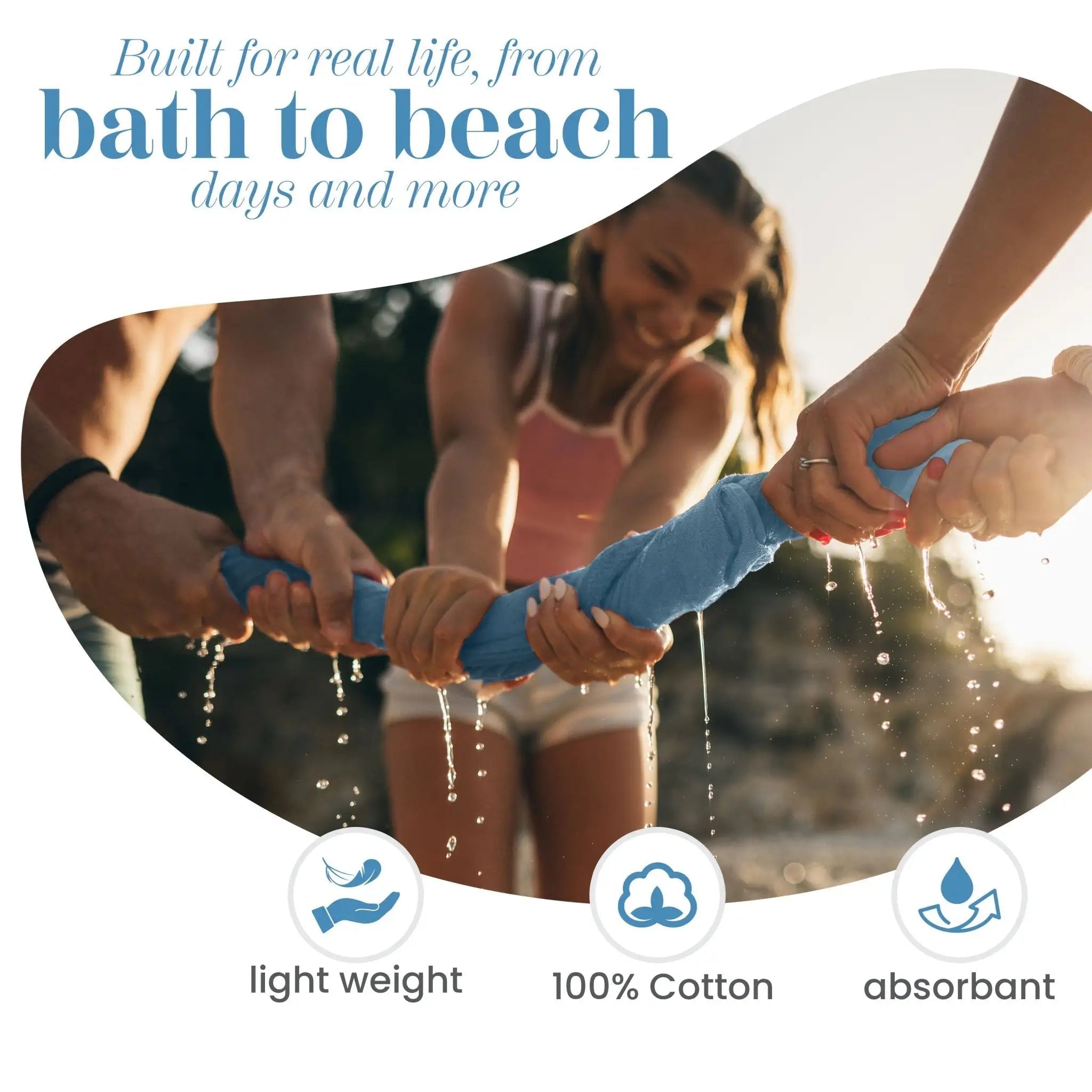 People playing with blue towel and text about product features, and icons on a white background