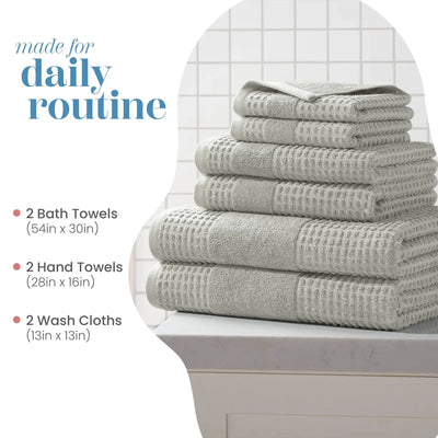 Stack of gray towel set on a white surface with text detailing towel sizes.