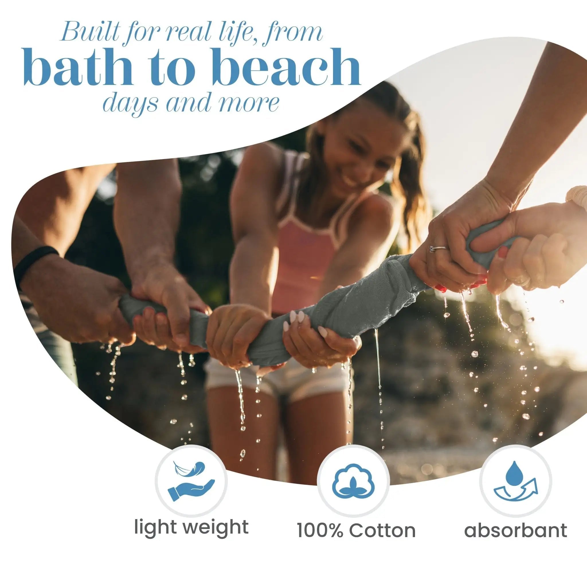 People playing with water hose, informational text about grey towel features, and icons on a white background
