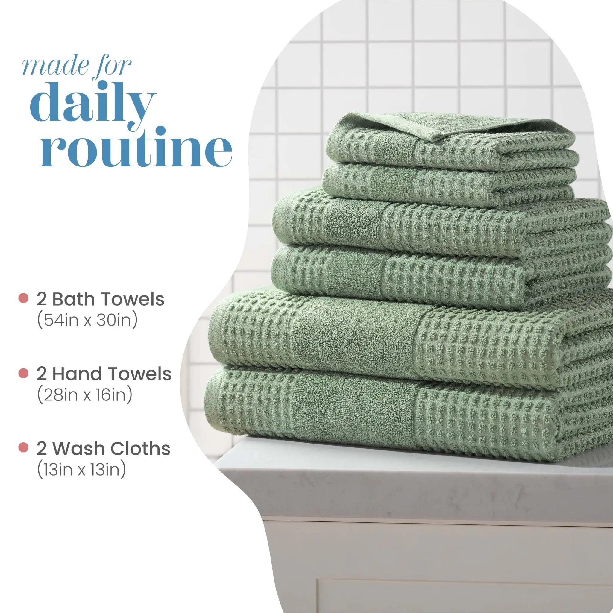 Stack of sage towel set on a toilet with product dimensions listed.