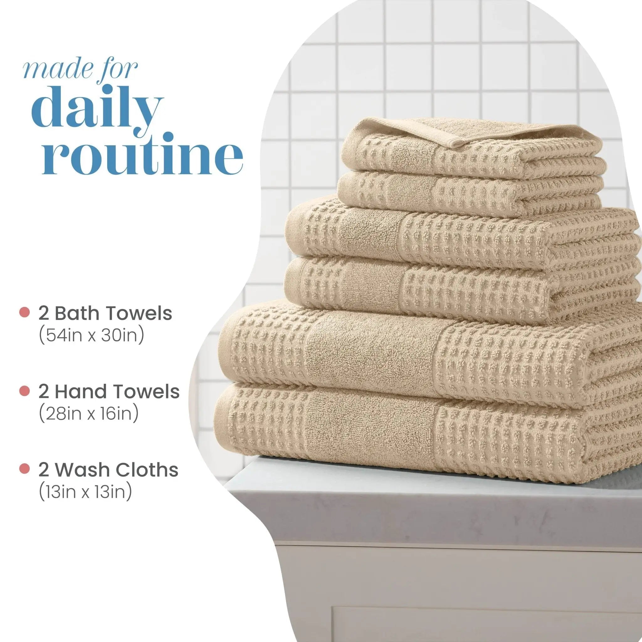 Stack of sand towel set on a white surface with text detailing towel sizes.