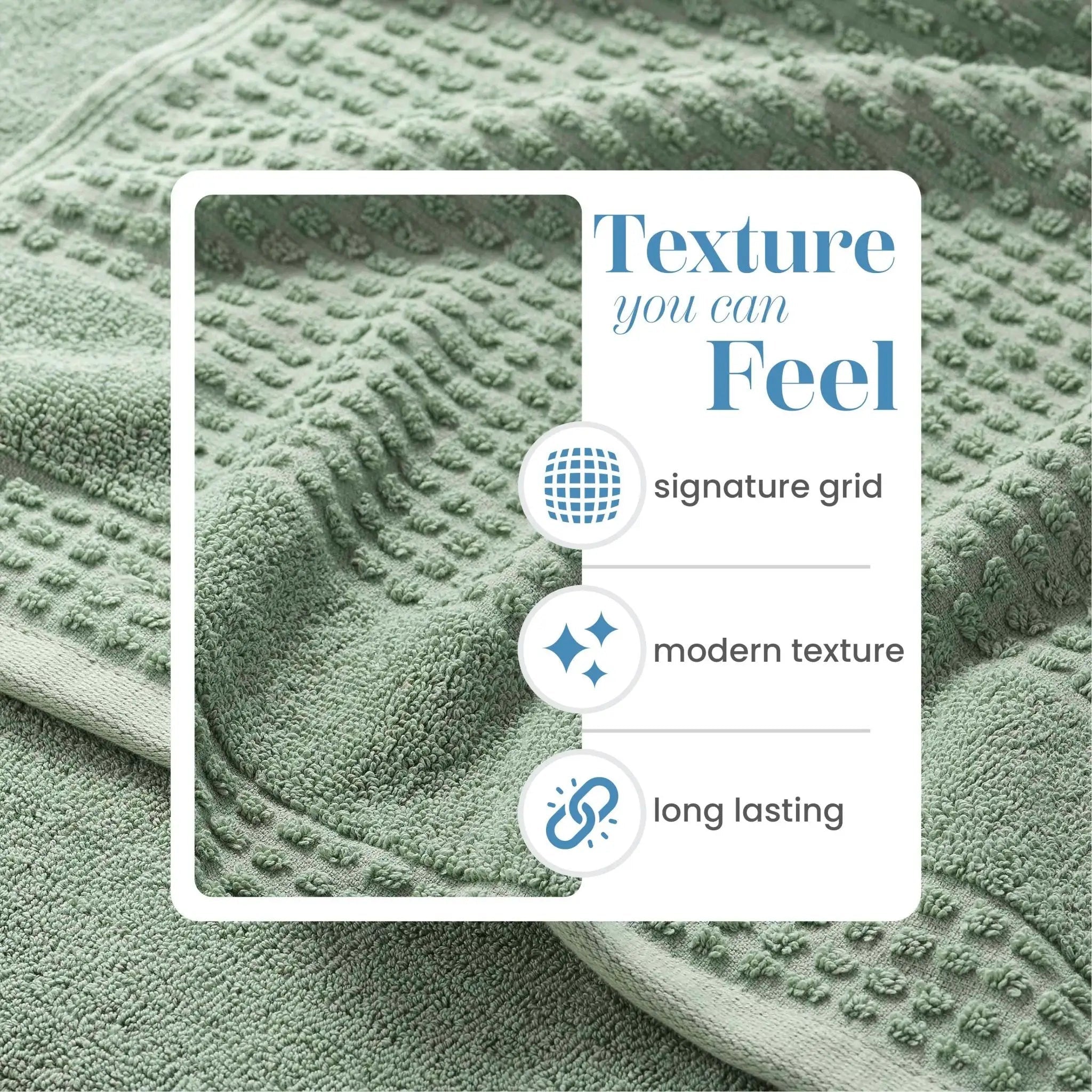 Sage textured towel with a card detailing features on top
