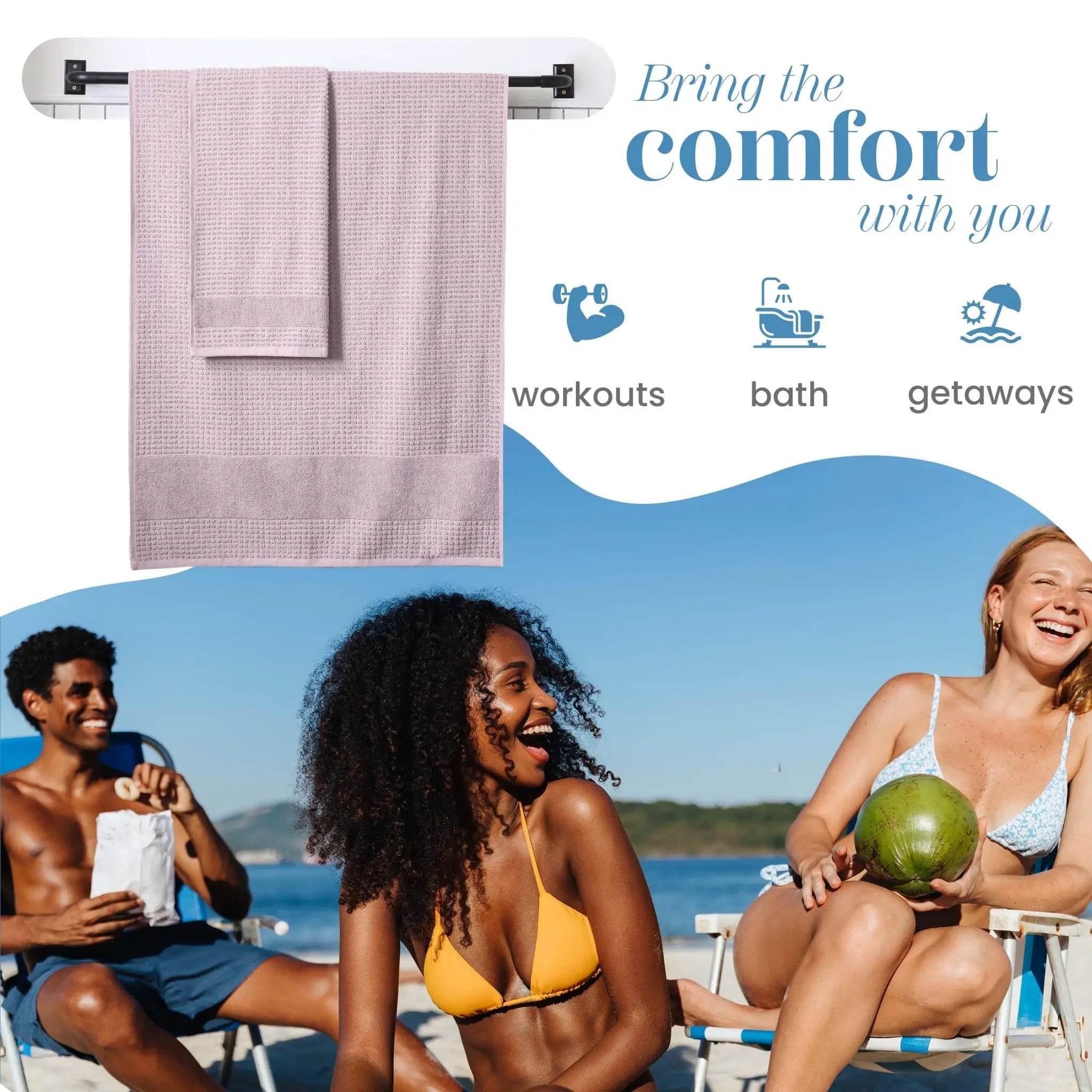 A lilac towel hanging on a black towel rack. The top portion is a clean product display with marketing text reading 'Bring the comfort with you' and usage scenarios ('workouts', 'bath', 'getaways').