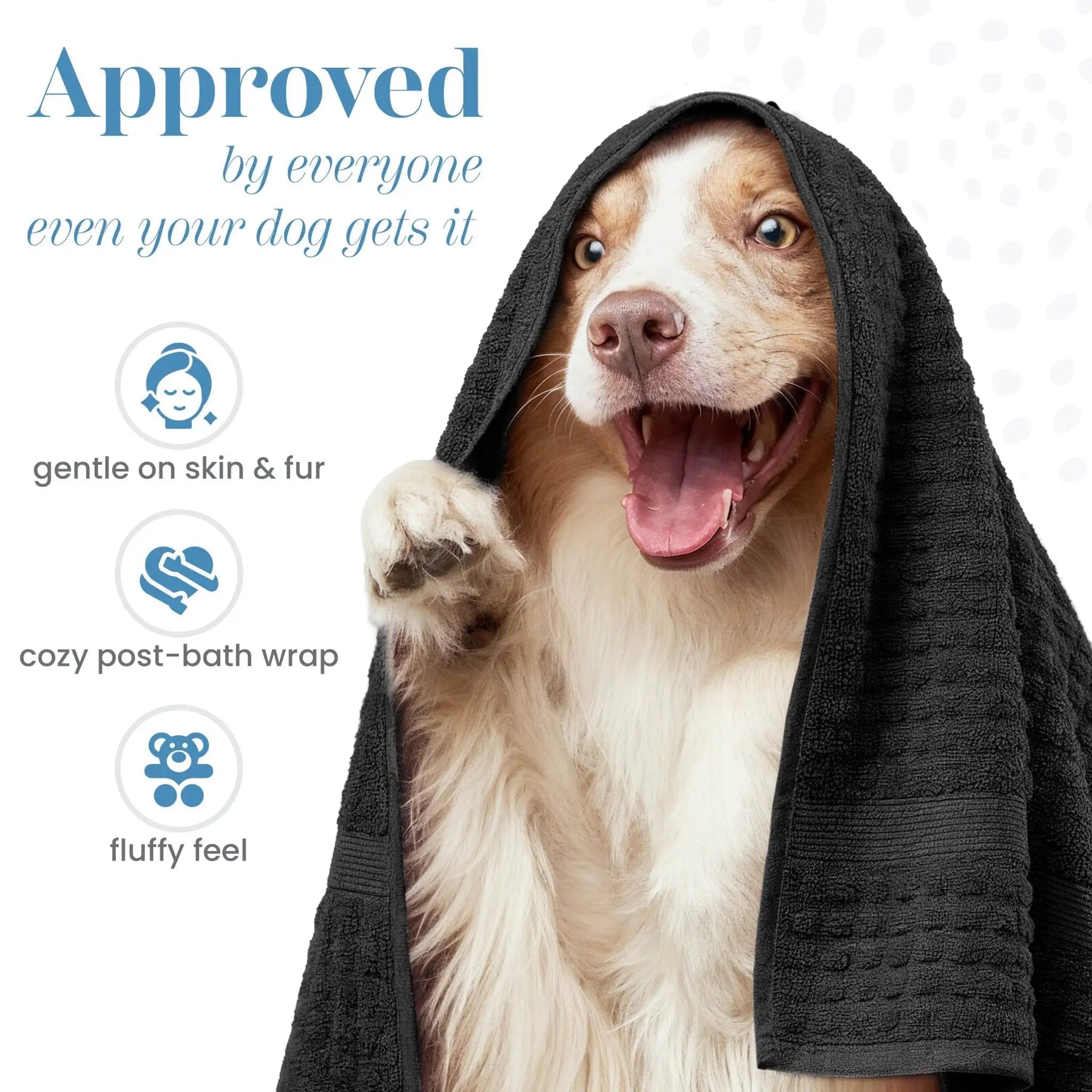 Dog wrapped in a black towel with text and icons about product benefits on a white background