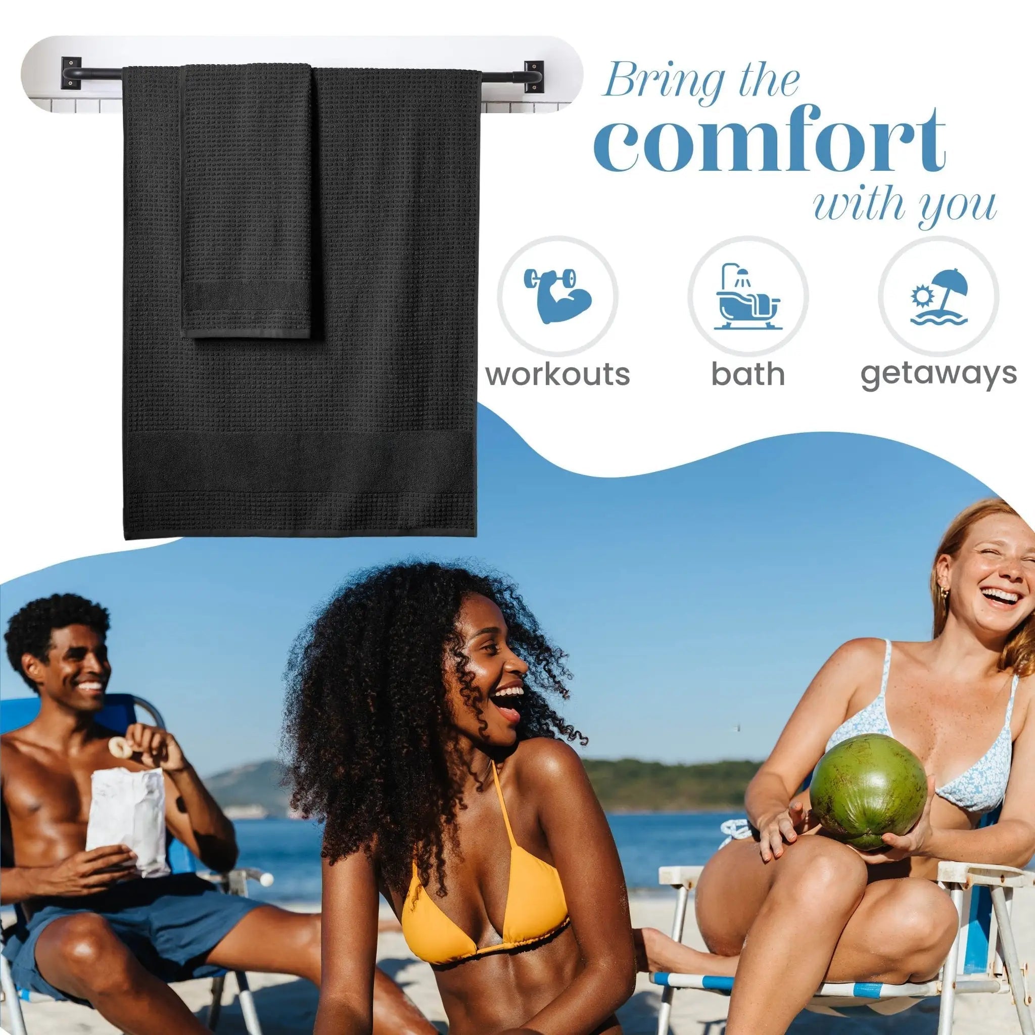 Black towel on a rack with people at the beach and text 'Bring the comfort with you'.