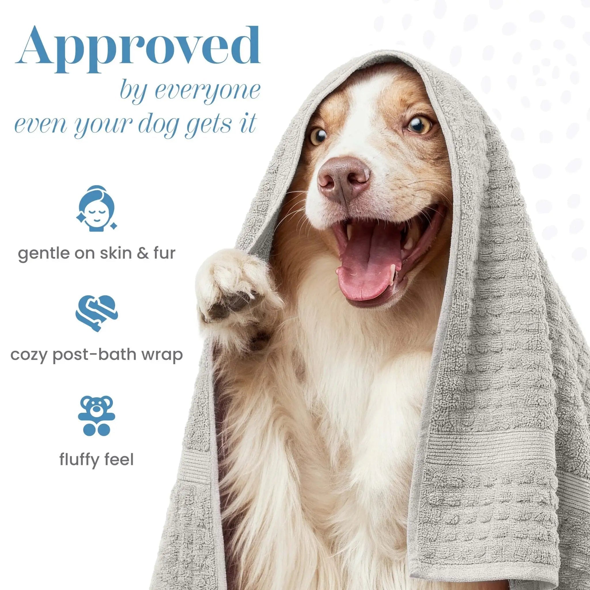 Dog wrapped in a grey towel with text about product benefits on a white background