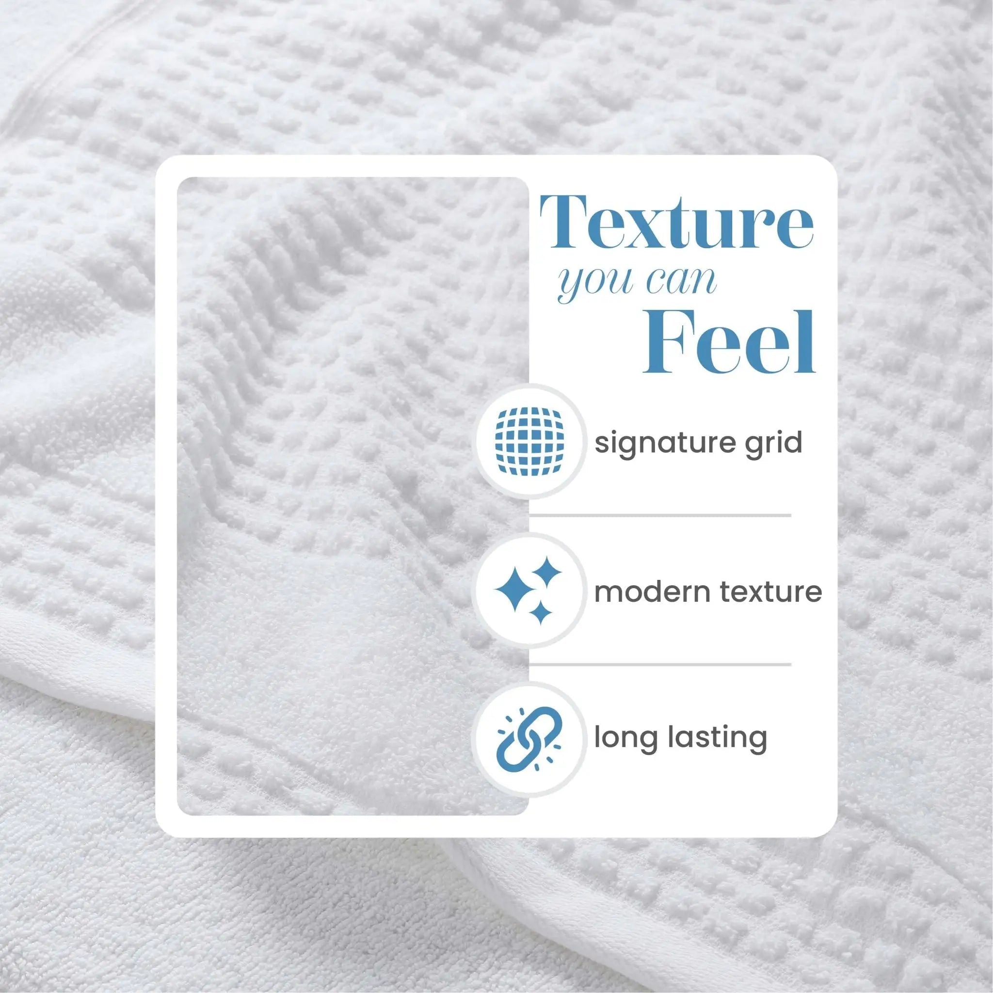 A close-up of a white textured fabric with a square informational overlay that reads 'Texture you can Feel' and lists features like signature grid, modern texture, and long lasting.