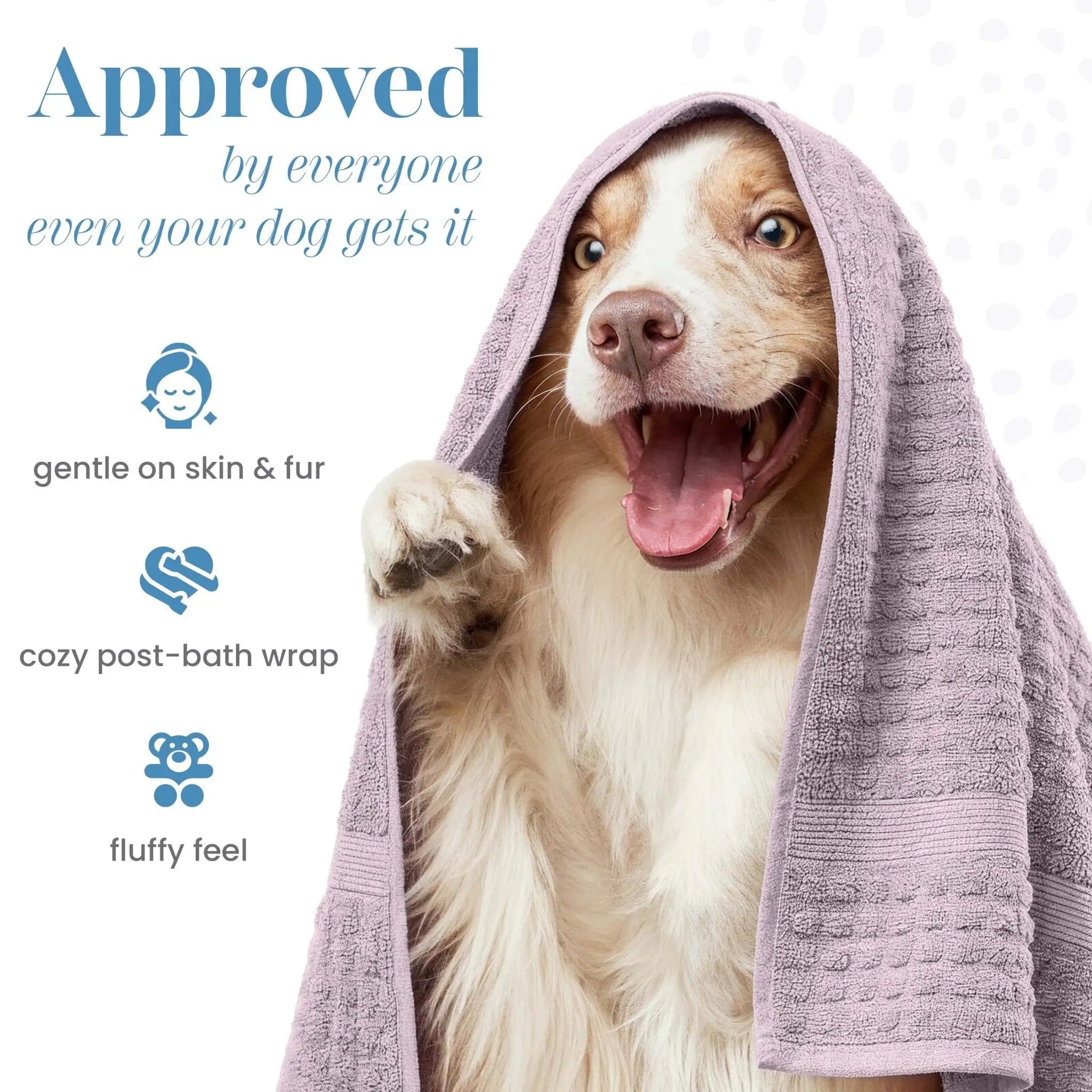 Dog wrapped in a lilac towel with text about product benefits on a white background