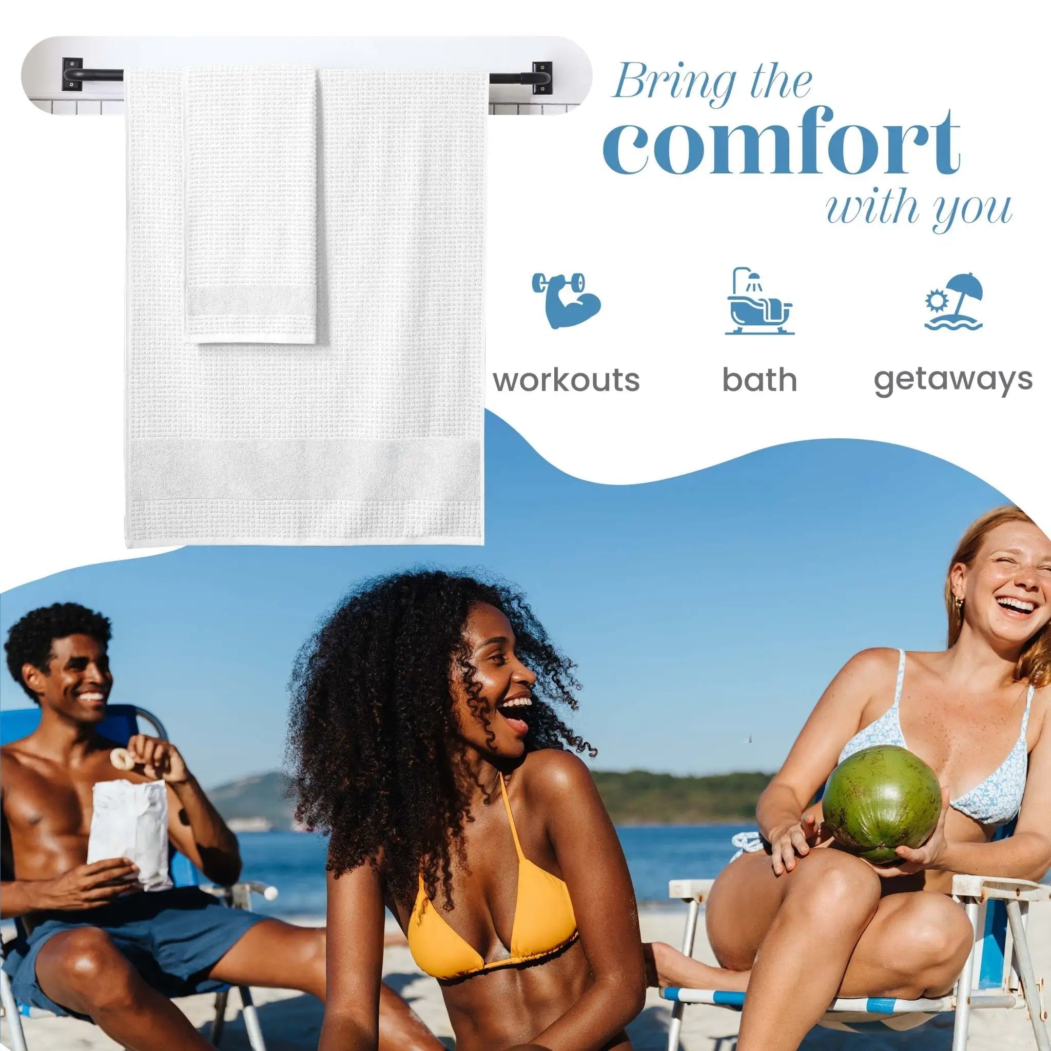 A white textured towel hanging from a black towel bar, with a beach lifestyle photo and the text 'Bring the comfort with you' plus icons for workouts, bath, and getaways.