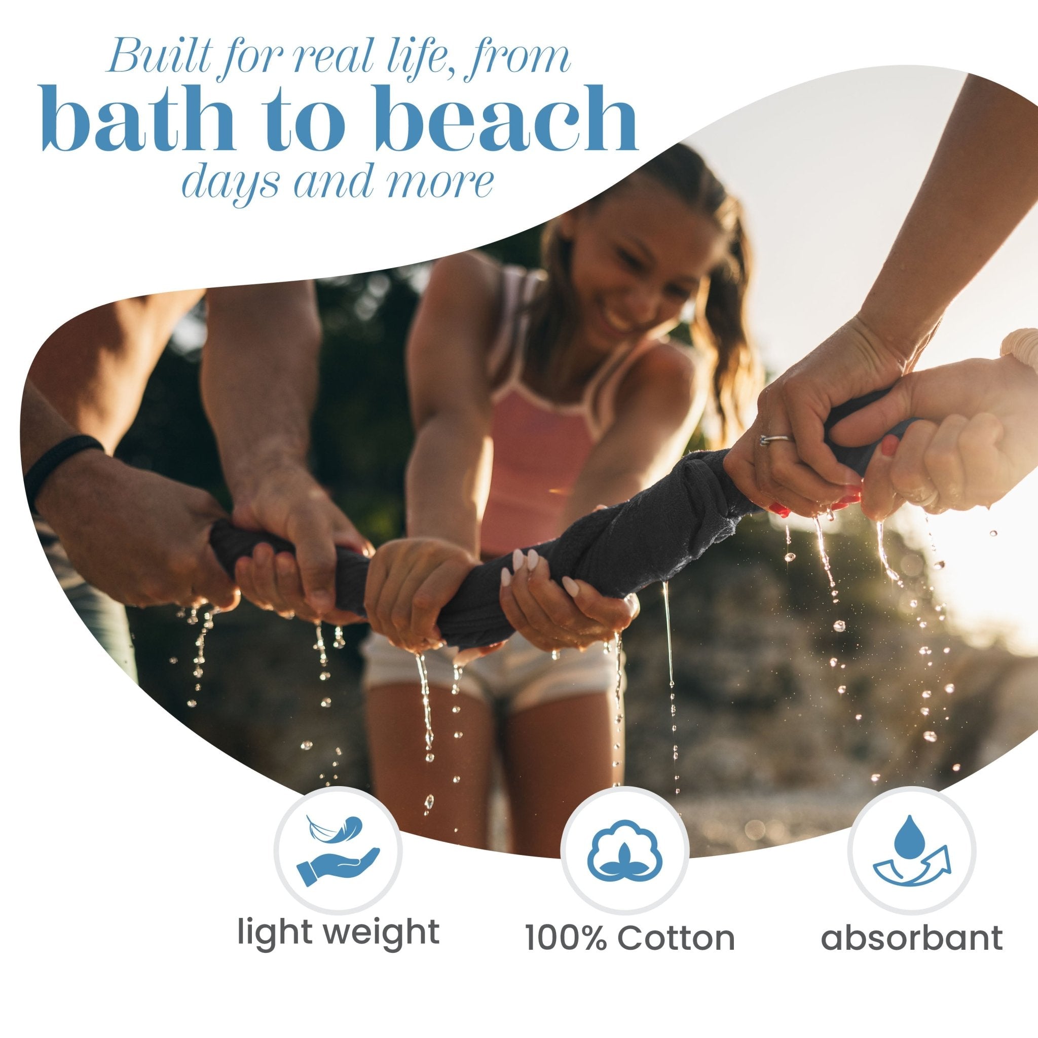 People playing with a black towel, with text about product features and benefits.