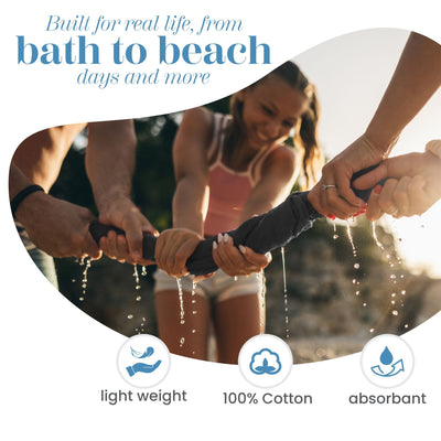 People playing with a black towel, with text about product features and benefits.