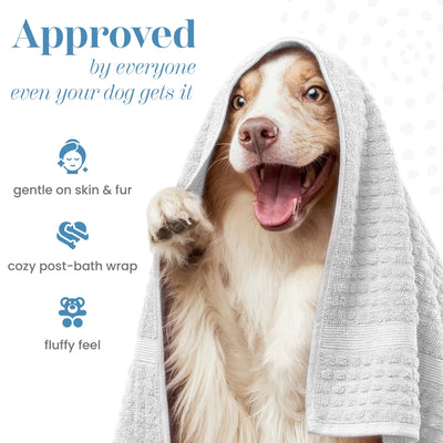 Dog wrapped in a white towel with text about product benefits on a white background