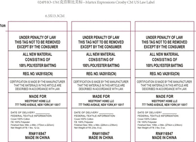Text labels for cotton batting with certification details and manufacturing information.