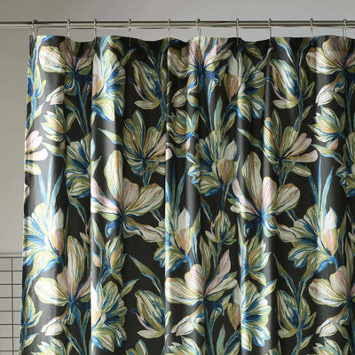 Floral patterned shower curtain with a dark background